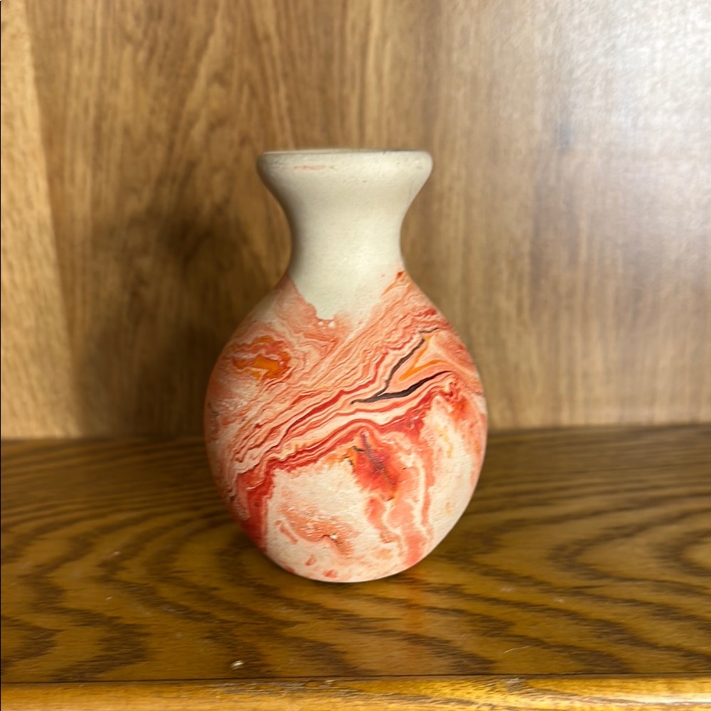 Nemadji Pottery Marbled Ceramic Vase - Red and Cream Stamped “From the Alamo”